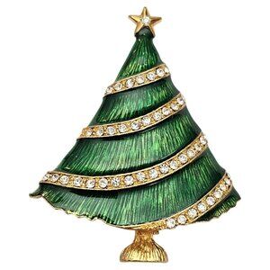 Eisenberg Ice Christmas Tree Brooch, Green Enamel, Clear Rhinestone Pin C588